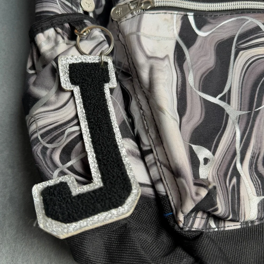 Justice Girls Black White Marble Swirl Backpack Silver Metallic Accents School